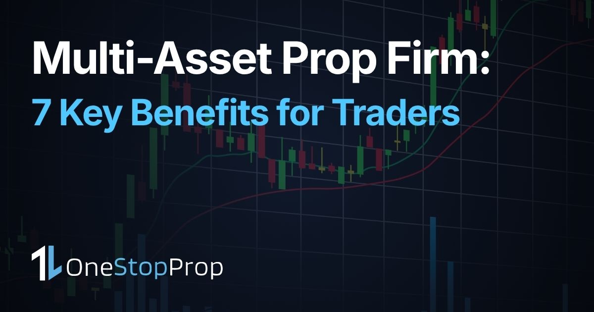 multi-asset prop firm trading, OneStopProp blog cover with candlestick chart background