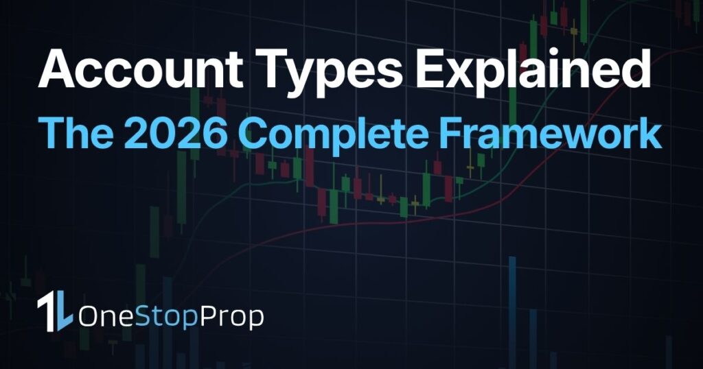Account types explained article cover with trading candlesticks graphics in the background and one stop prop branding