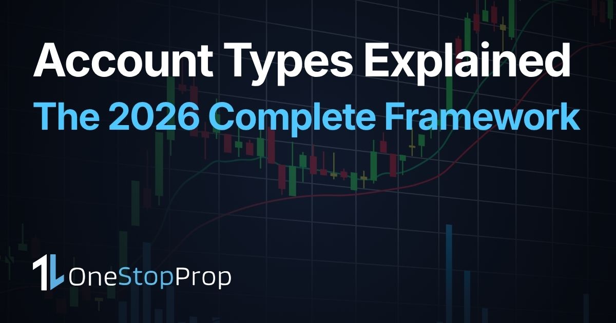 Account types explained article cover with trading candlesticks graphics in the background and one stop prop branding