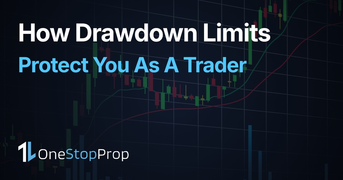 how prop firm drawdown limits protect traders article cover with trading candlesticks graph background and onestopprop branding