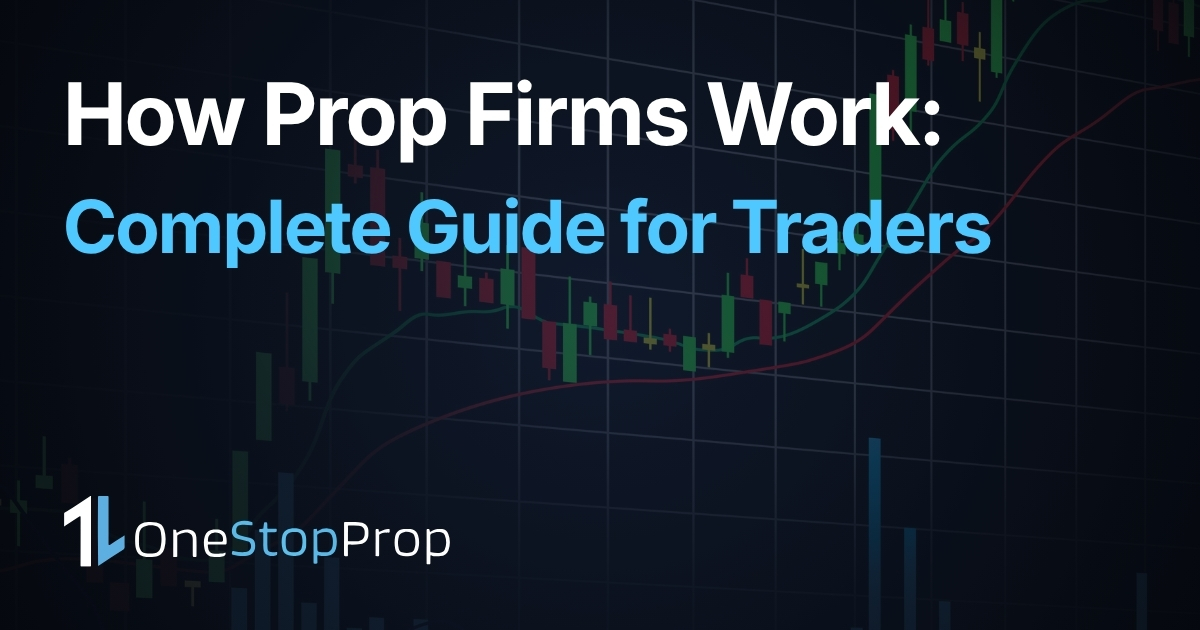how prop firms work complete guide for traders article cover with onestopprop branding and trading candlesticks background