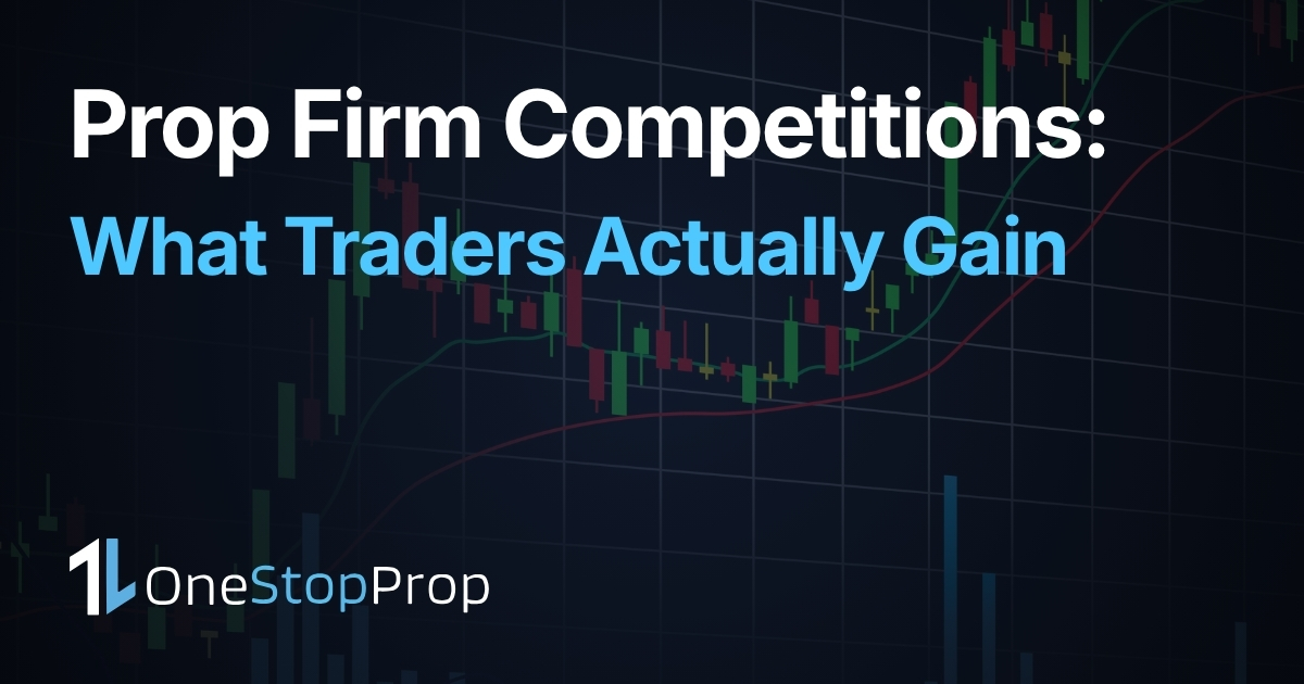 monthly trading challenge competition blog article cover with trading candlesticks graph background and onestopprop branding