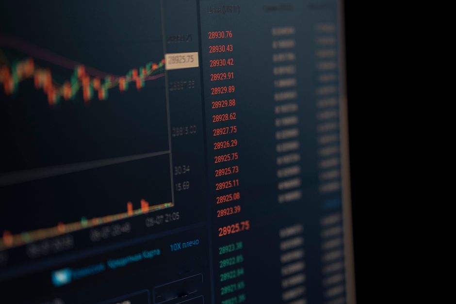 Close-up of a computer screen showing dynamic financial market data and charts, indicating real-time trading updates to illustrate prop firm trading without time limits