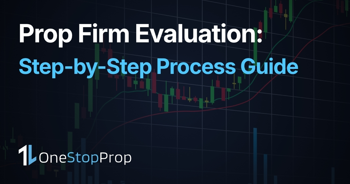 prop firm evaluation process step by step article cover with trading candlesticks graphs background and onestopprop branding