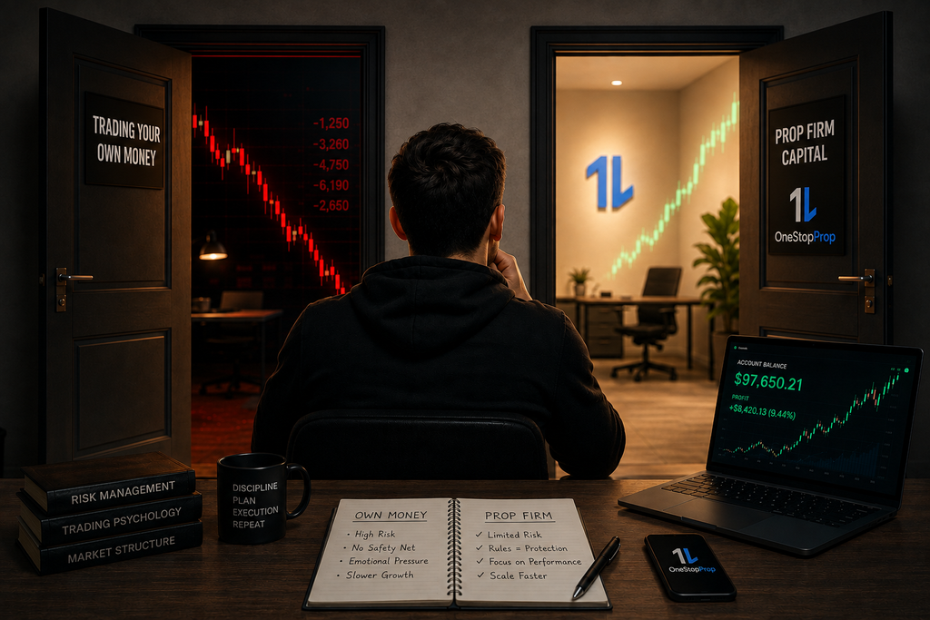Prop firm vs self-funded trading: trader choosing between risking personal money and using prop firm capital, with contrasting market outcomes.
