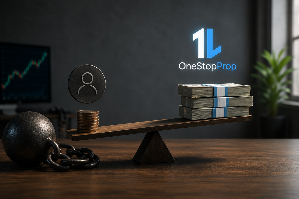 Prop firm vs self-funded trading: balance between personal trading risk and access to larger prop firm capital represented by a financial scale.