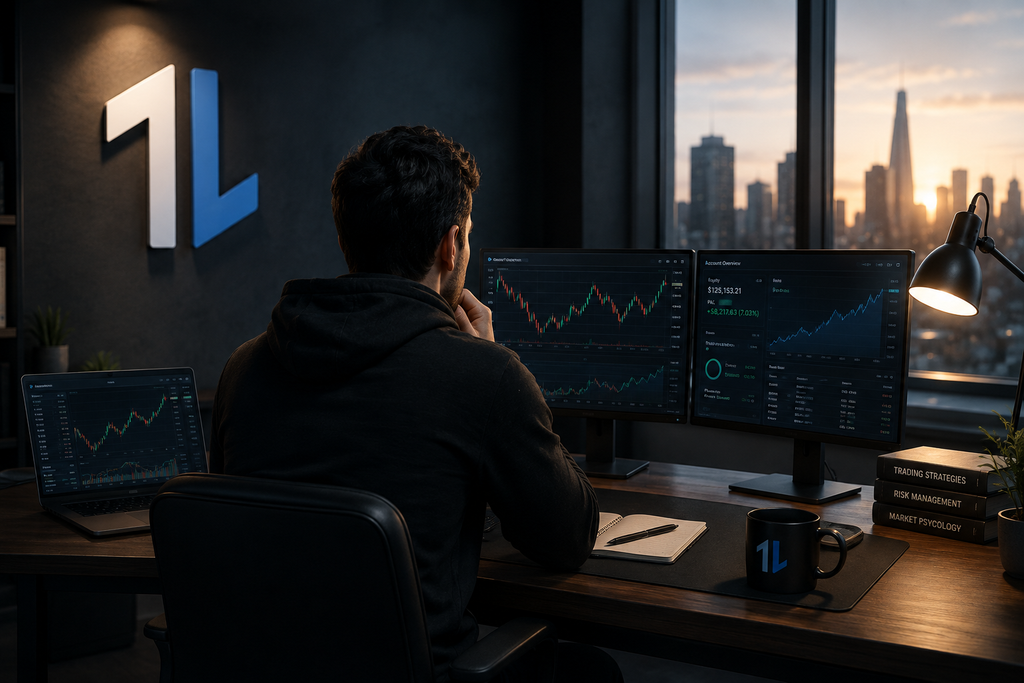 Prop firm vs self-funded trading: trader working at a professional workstation with multiple trading charts and OneStopProp branding.