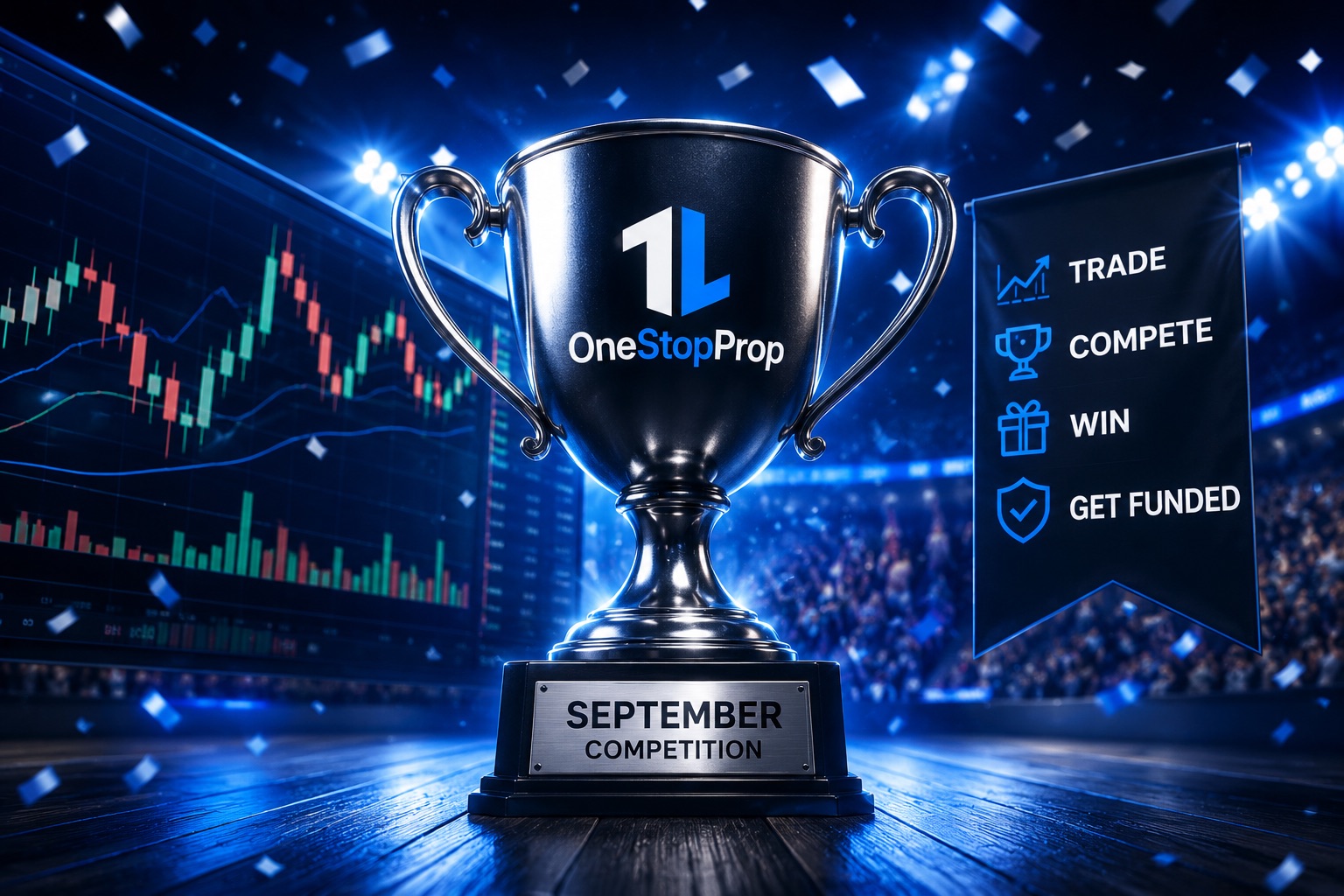 OneStopProp September competition concept featuring a trading tournament trophy, market charts, and a competitive trading environment representing the opportunity to compete for funded trading rewards