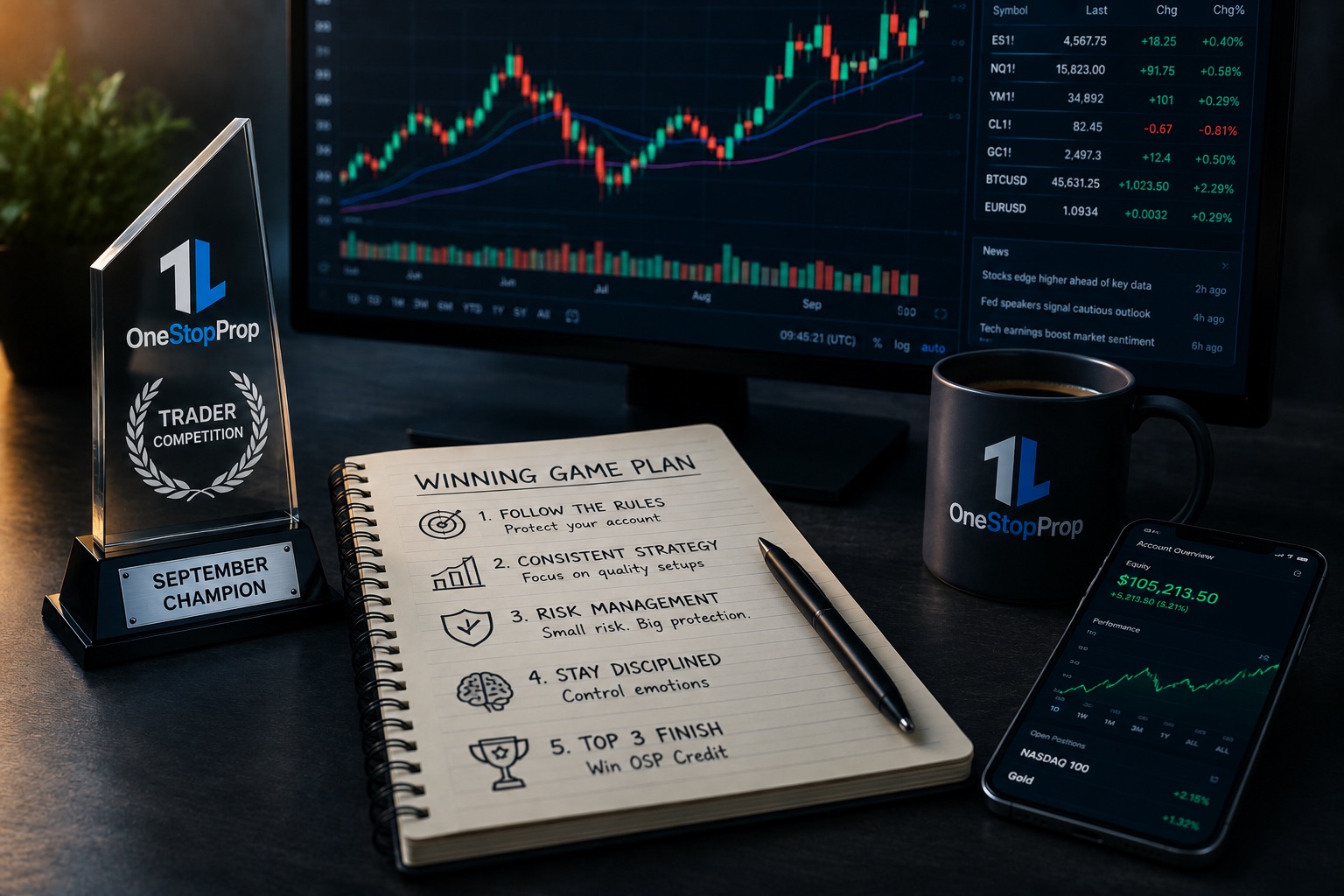 OneStopProp September competition strategy scene with a trader’s workstation, market charts, trading plan, risk management checklist, and visual elements representing disciplined preparation for the leaderboard