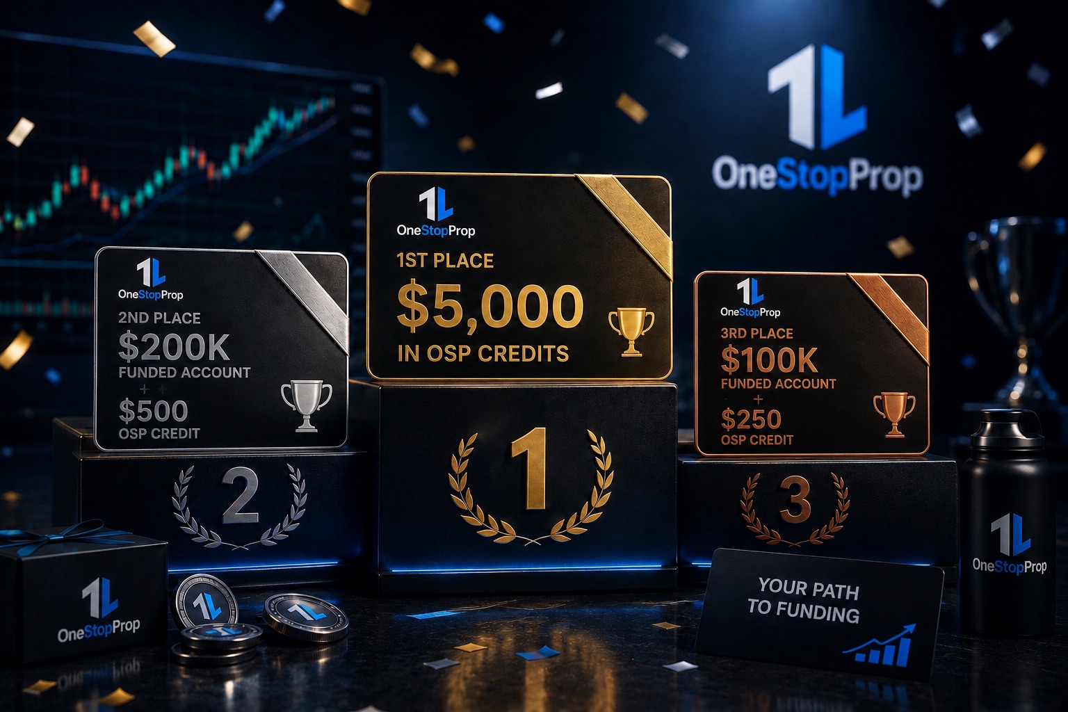 OneStopProp September competition prize podium showing $5,000 in OSP Credits for 1st place, a $200K Funded Account plus $500 OSP Credit for 2nd place, and a $100K Funded Account plus $250 OSP Credit for 3rd place.