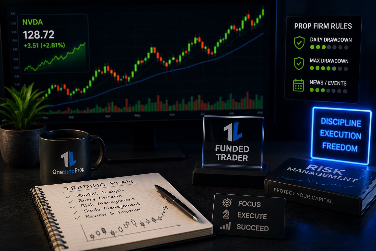 Disciplined trading setup featuring NVDA market analysis, risk controls, and a funded trader workspace for those looking to trade NVDA prop firm accounts.