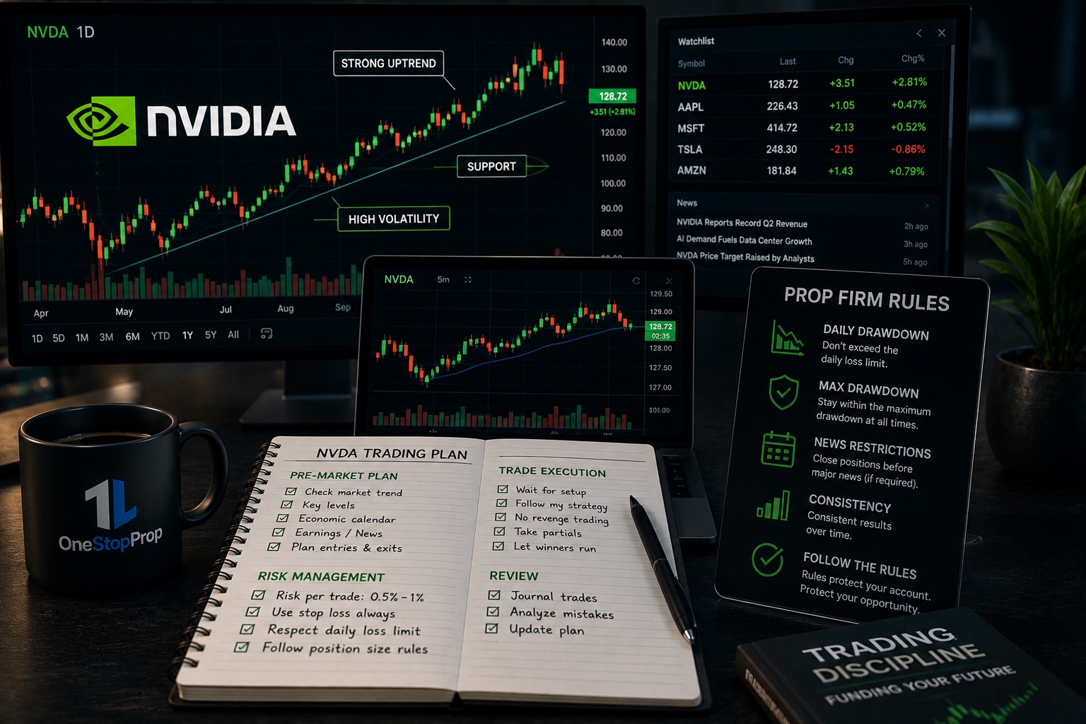 Trading workstation with NVDA charts, risk management tools, and a funded account concept illustrating how to trade NVDA prop firm accounts