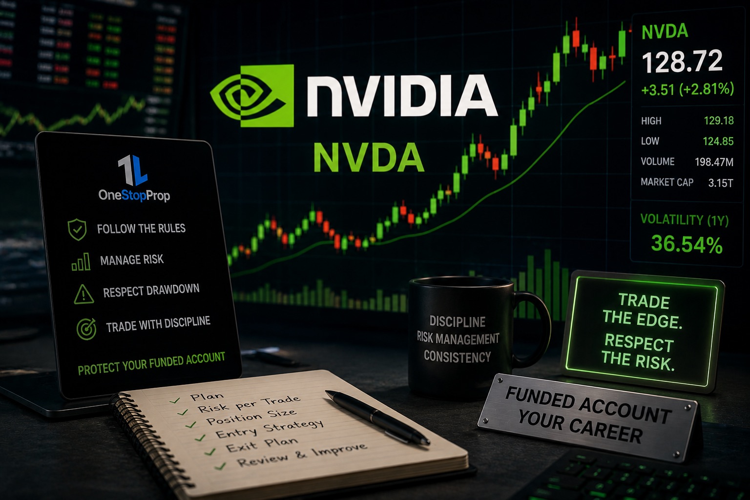 Trader analyzing NVDA price action and market charts as part of a trade NVDA at a prop firm strategy