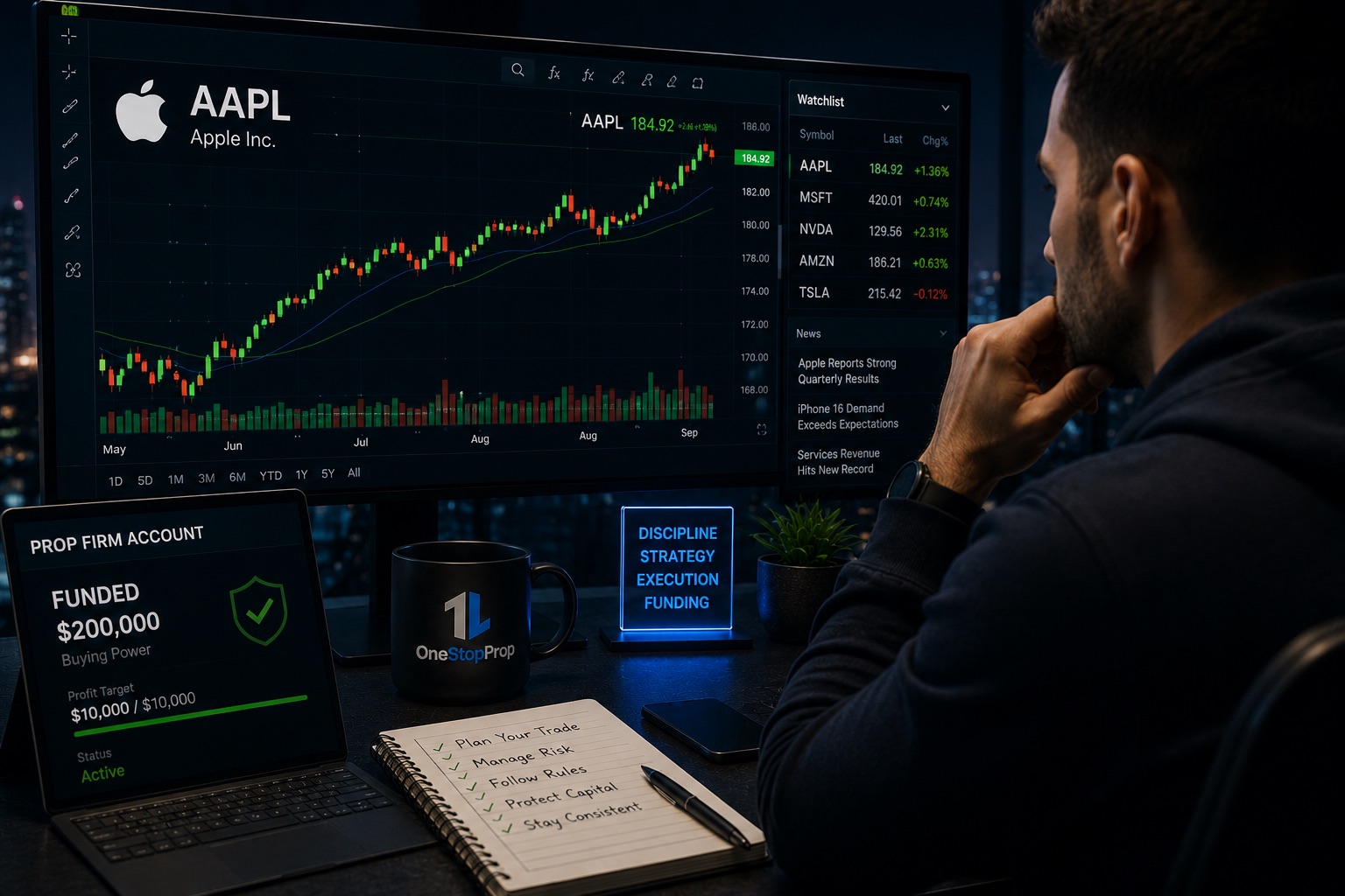 Professional trader analyzing Apple stock charts and market opportunities to Trade Apple Stock at a Prop Firm