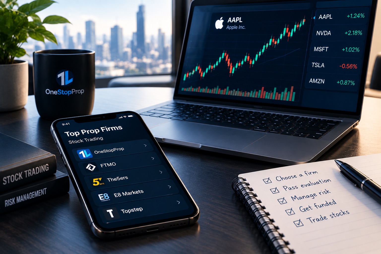 Professional trading workspace illustrating the best prop firms for stock traders US, with stock charts, prop firm options, and a structured trading plan