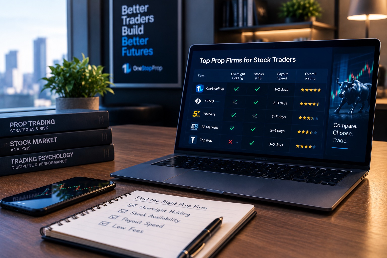 Laptop displaying a comparison of leading prop firms and key trading conditions for traders evaluating the best prop firms for stock traders US.