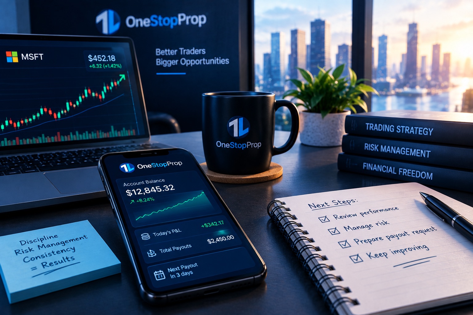 Modern funded trading setup showing stock market analysis, account performance, and payout planning when choosing among the best prop firms for stock traders US