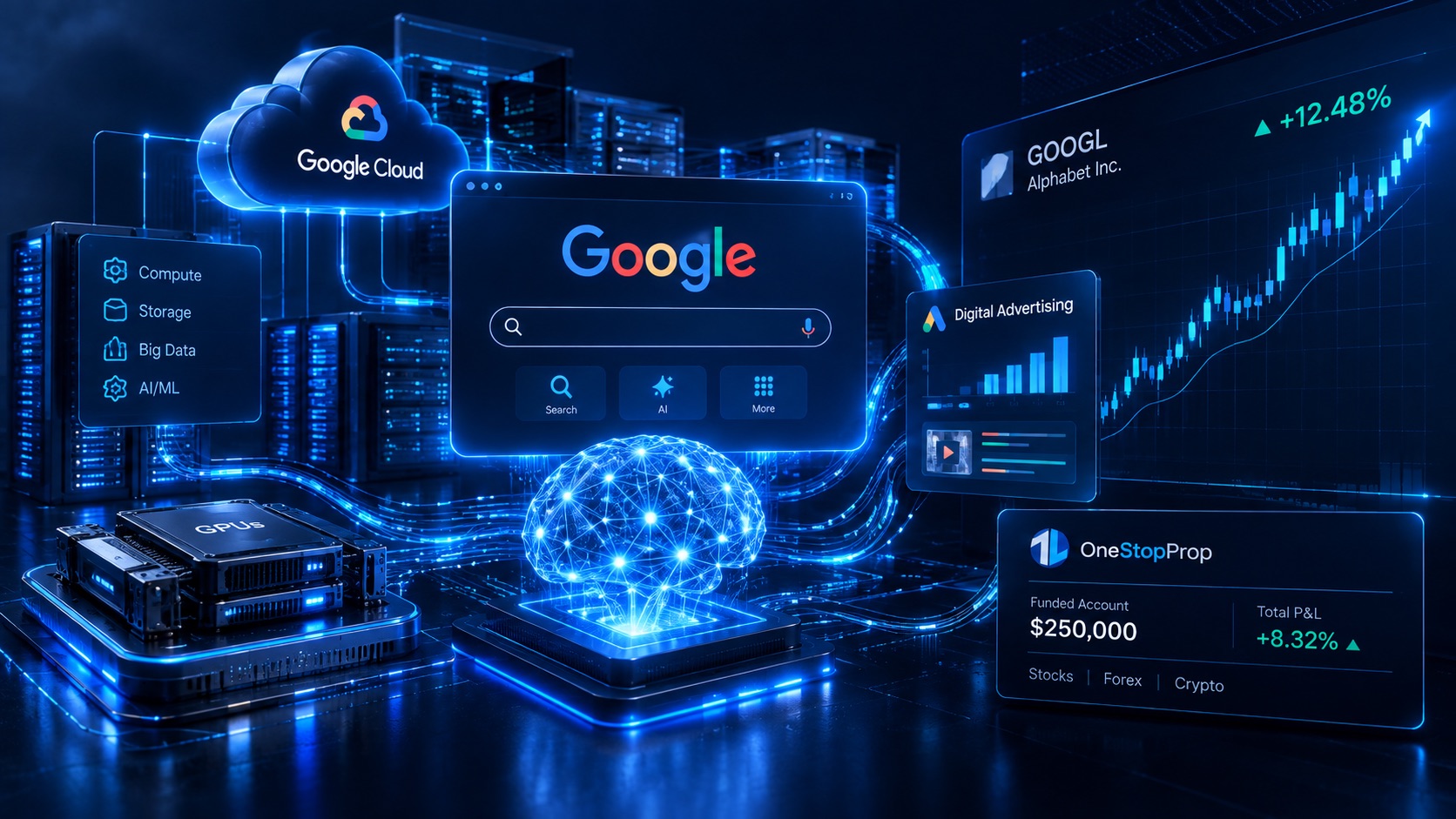 Futuristic Google ecosystem with AI infrastructure and a rising GOOGL stock chart illustrating how traders can trade Google stock prop firm accounts