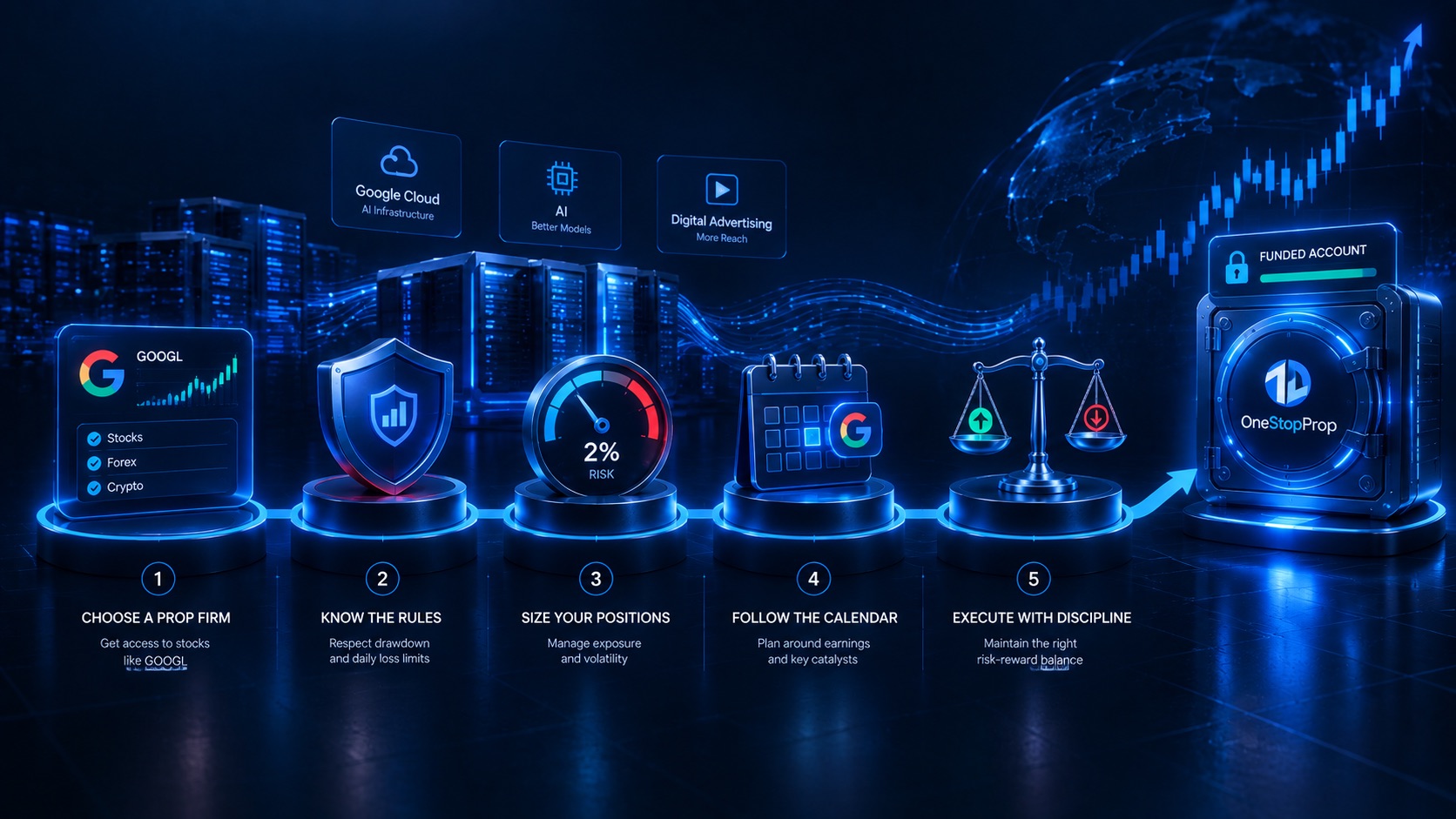 Five-stage visual pathway showing stock access, drawdown rules, position sizing, earnings catalysts, and disciplined execution for those who trade Google stock prop firm accounts