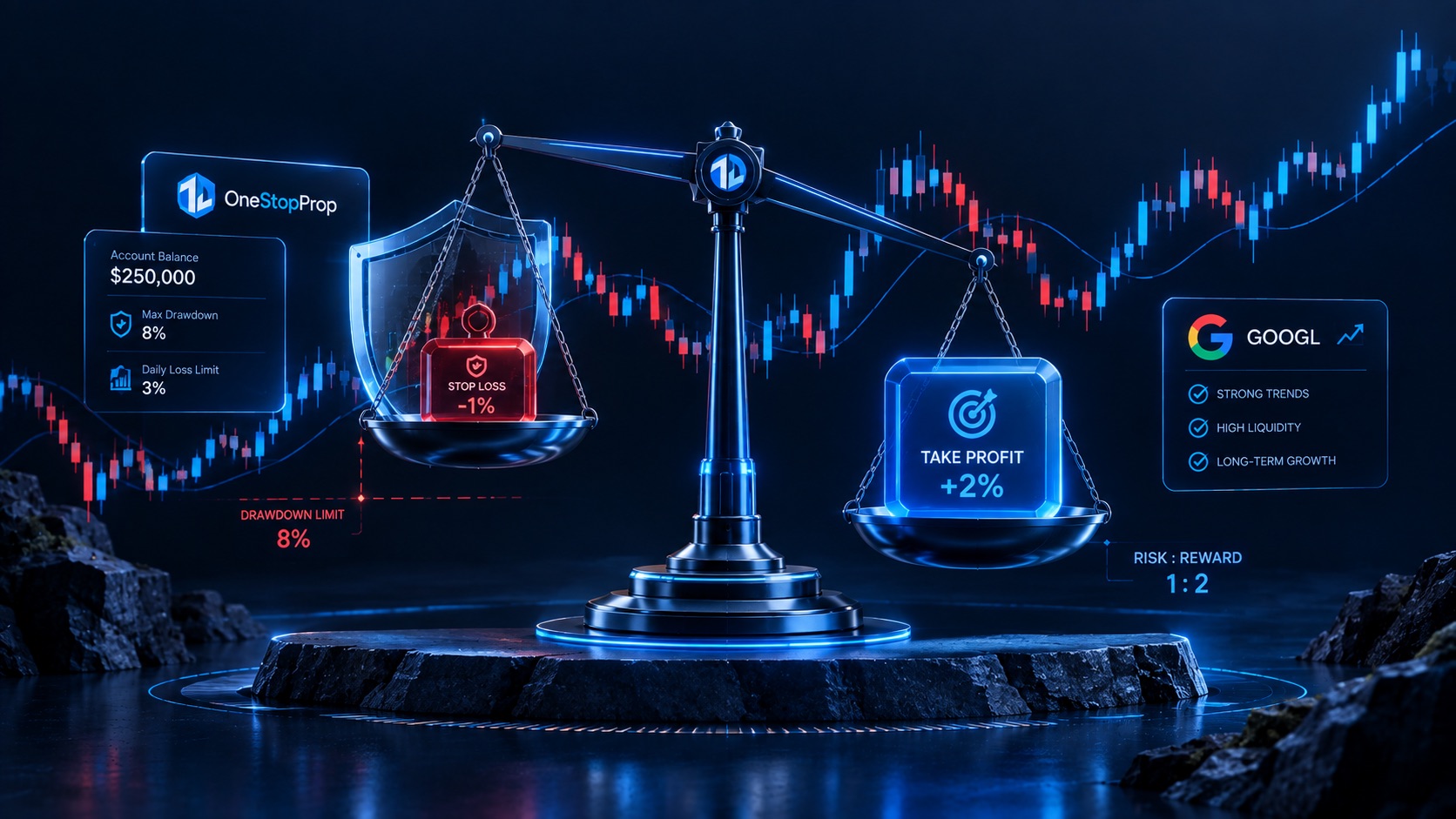 Risk-reward balance illustration with stop-loss protection, position sizing, and GOOGL market volatility for traders who trade Google stock prop firm accounts