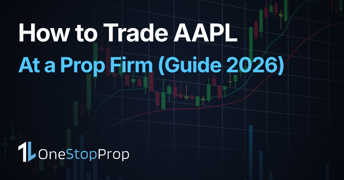 How to Trade Apple Stock at a Prop Firm article cover with trading candlesticks background and onestopprop branding