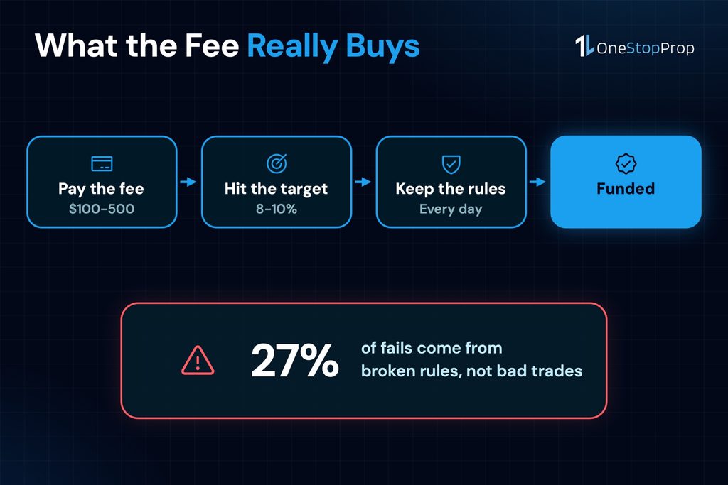 Flowchart of the challenge fee for traders asking is prop trading worth it 2026: pay, hit the target, keep the rules