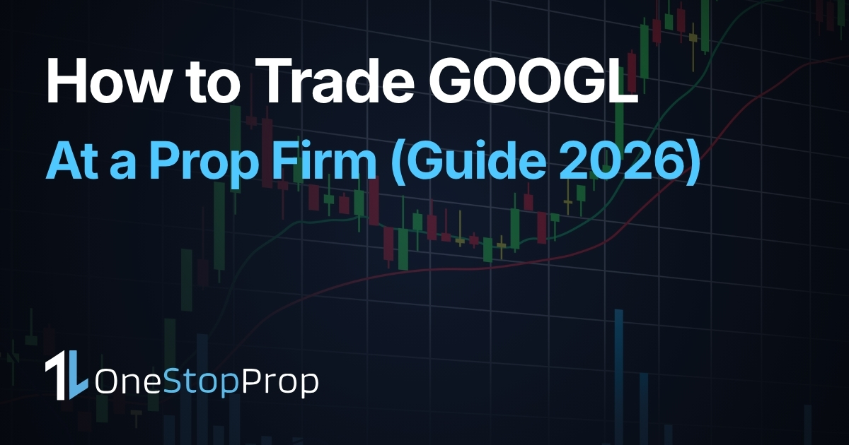 trade Google stock prop firm article cover with trading candlesticks and onestopprop branding