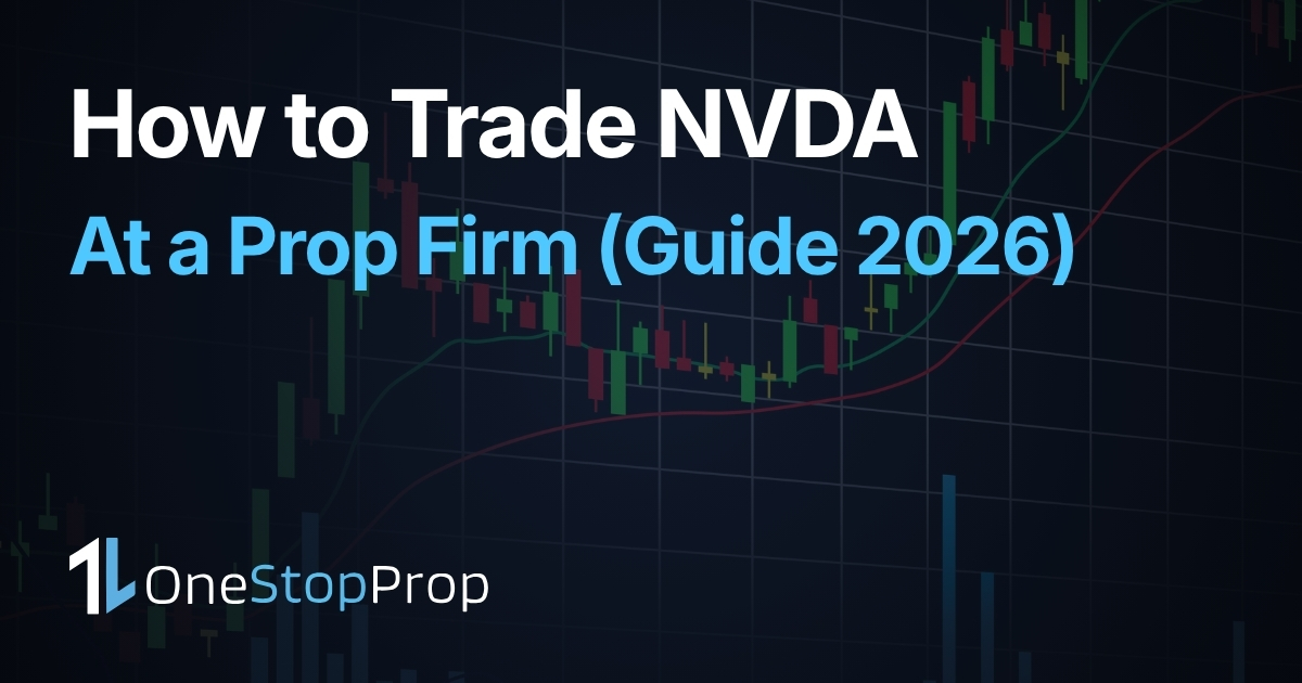 how to trade nvda at a prop firm article cover with onestopprop branding and trading candlesticks background