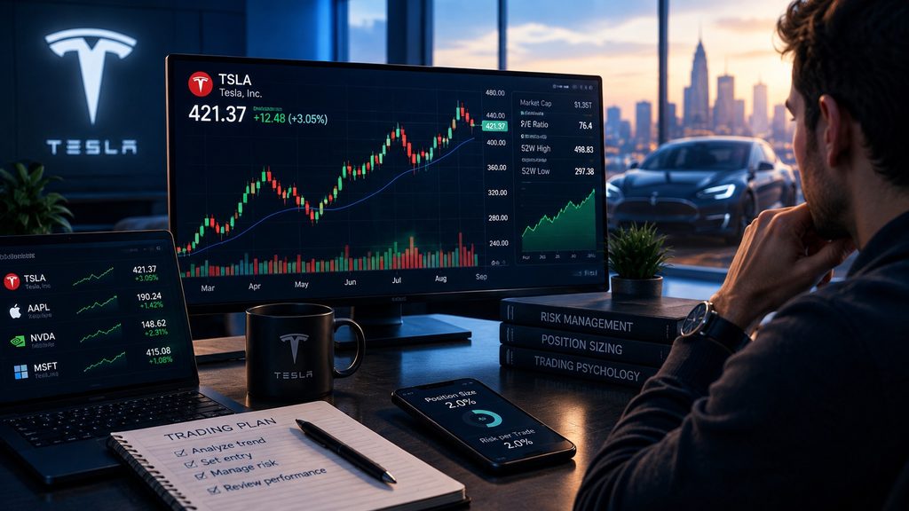 Trader analyzing TSLA charts and risk management strategies while learning how to trade Tesla stock prop firm accounts.