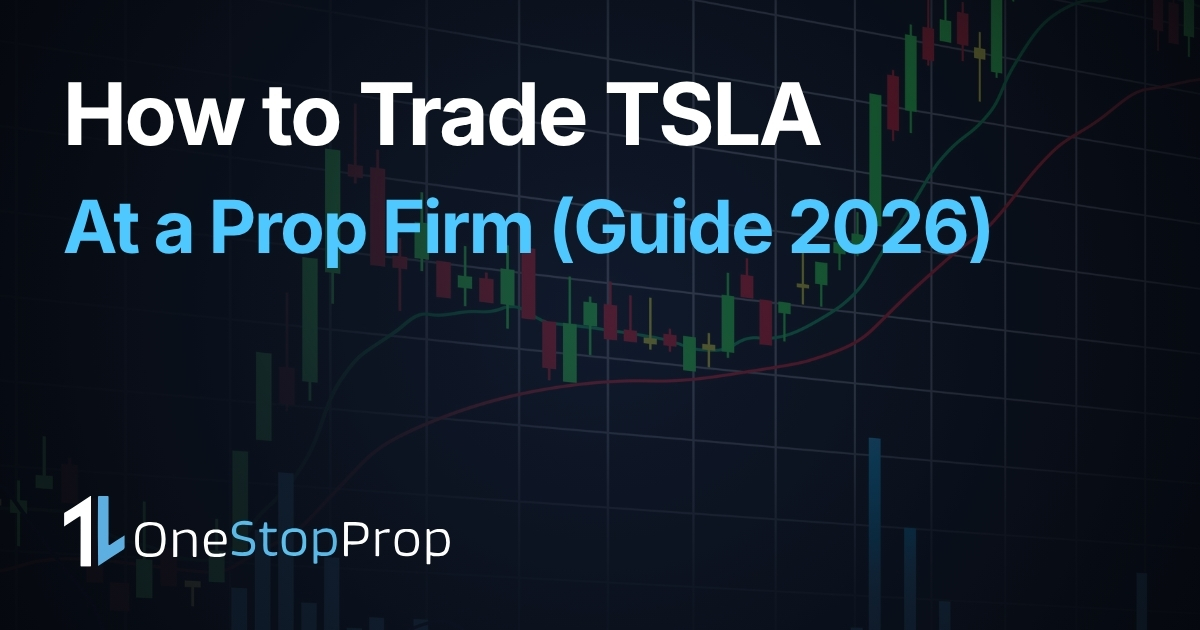 trade Tesla stock prop firm article cover with trading candlesitcks background and onestopprop branding